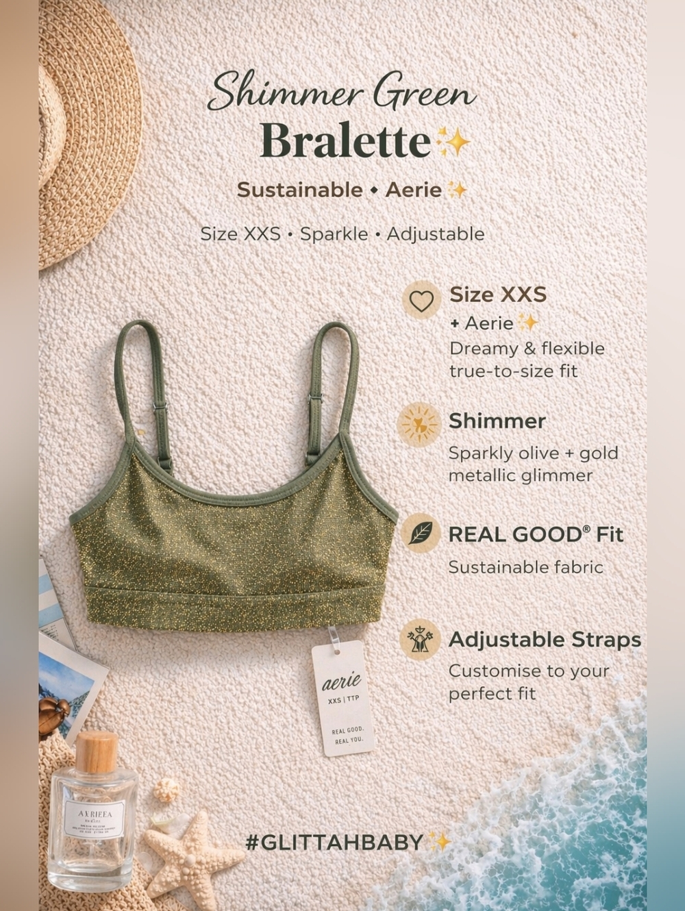Aerie Shimmer Olive Green Bralette XXS Adjustable Straps